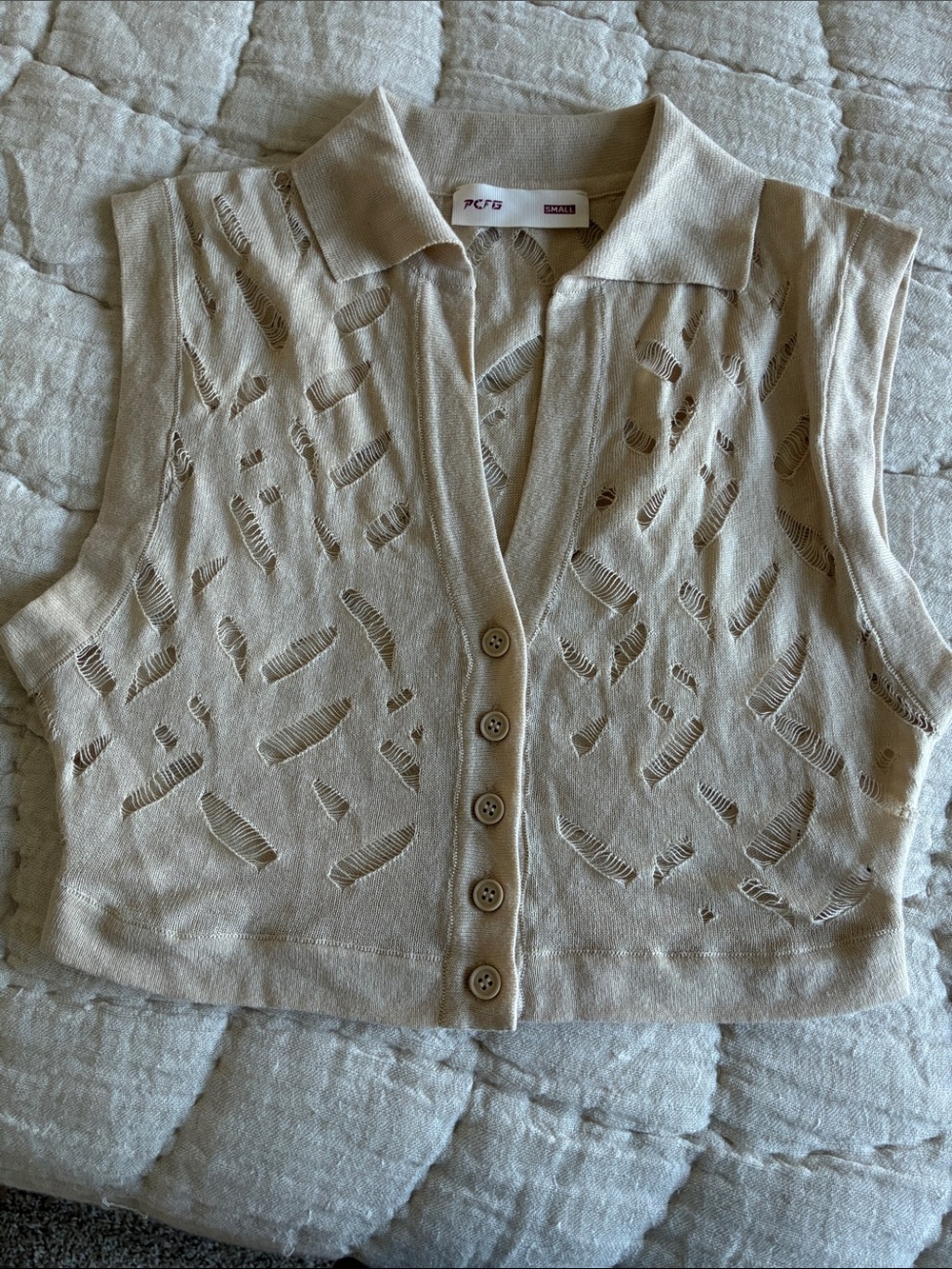 PCFB Beige Distressed Openwork Sleeveless Button-Front Cardigan